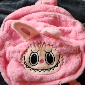 Pink Furry Backpack with Cute Face Design Small Backpack